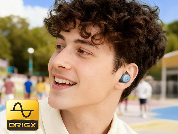 Person wearing TOZO A1 earbuds in everyday outdoor setting with OrigX tuned sound