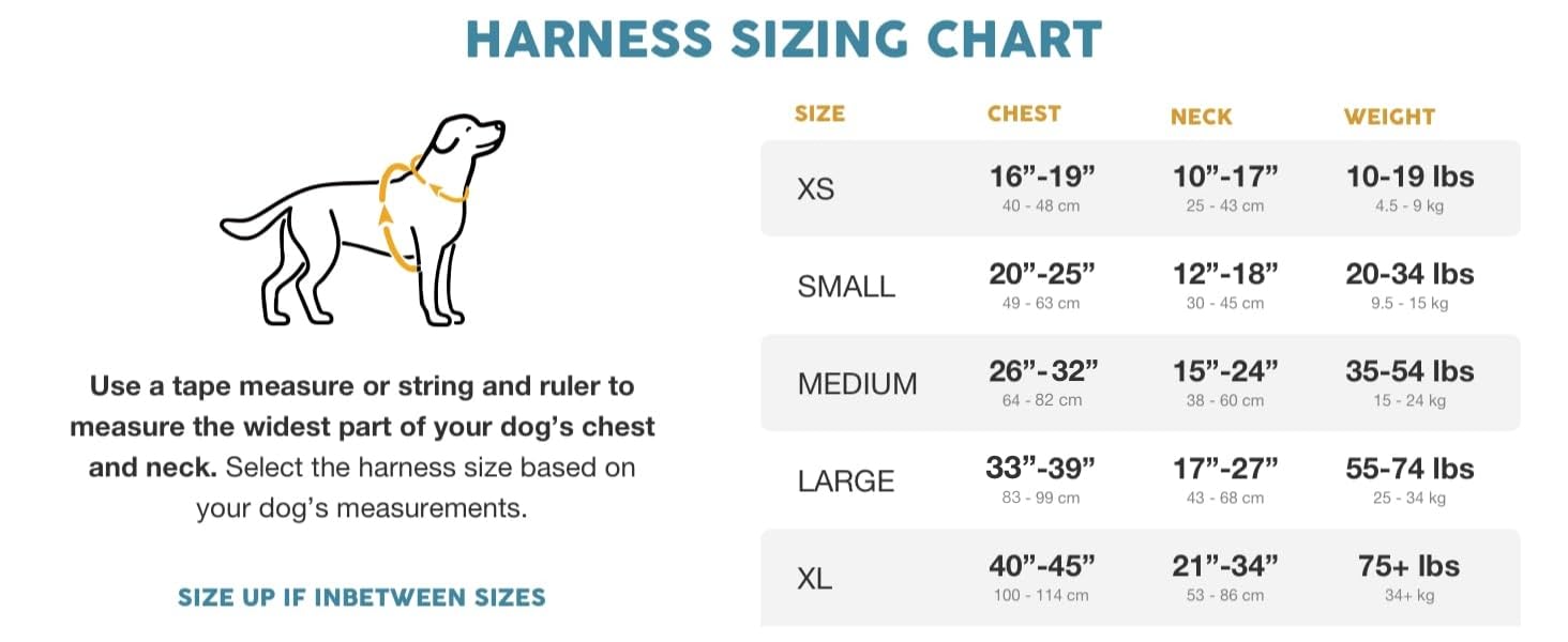 Dog Harness no Pull Black size chart
