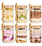 6 Pack Overnight Oats Containers with Bamboo Lids and Spoons - 22 oz Airtight Glass Jars with Lid...