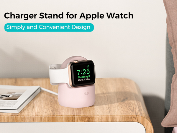 Pink cylindrical charger stand for Apple Watch on wooden surface. Watch displays time 7:25. Text indicates 'Simply and Convenient Design'.