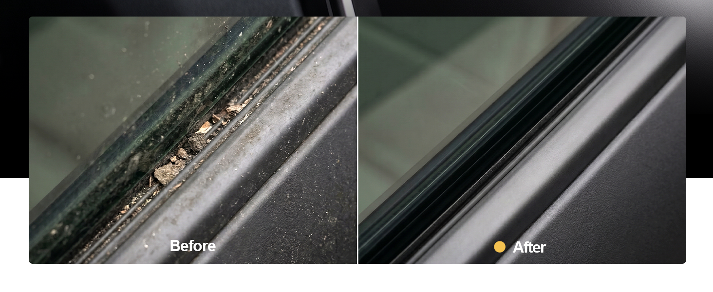 Dirty car door seal packed with debris gets restored to pristine condition with car cleaning putty
