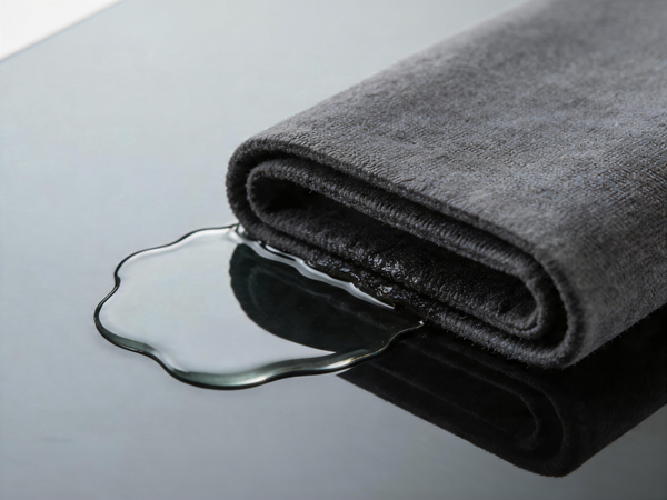 Grey microfiber cloth absorbing water on black glass surface.