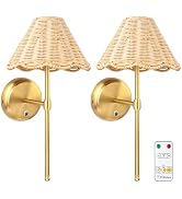 Folux Battery Operated Boho Rattan Wall Sconce Set of 2, Stepless Dimming Magnetic Wall Lamp, 520...