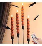 Eywamage Halloween Flameless Taper Candles with Remote, Orange Pumpkin LED Candlesticks Battery O...