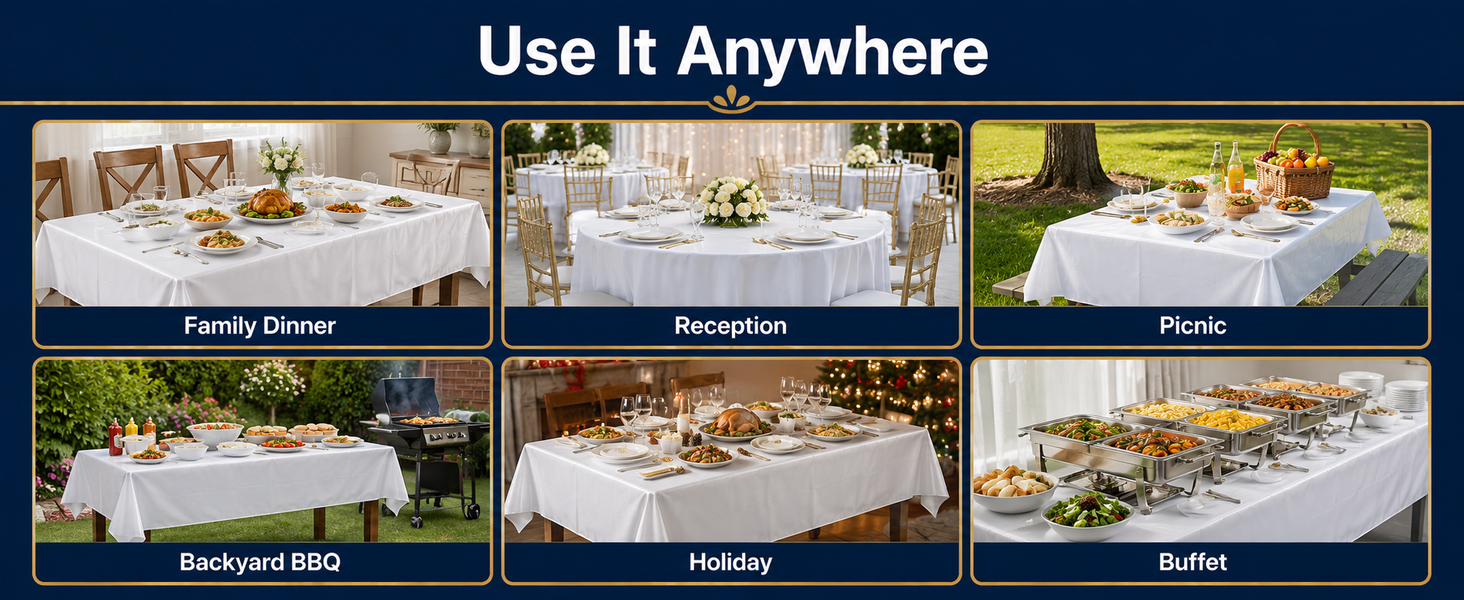 White disposable tablecloths used for dinners, receptions, picnics and buffet tables.