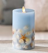 Luminara Flameless LED Candle Soft Chambray Embedded Seashell & Starfish Moving Flame Pillar Unsc...