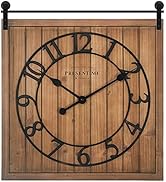 PresenTime & Co Farmhouse Barn Door Clock, Shiplap Style, Brown Wood Color, Silent No Ticking, 3D...