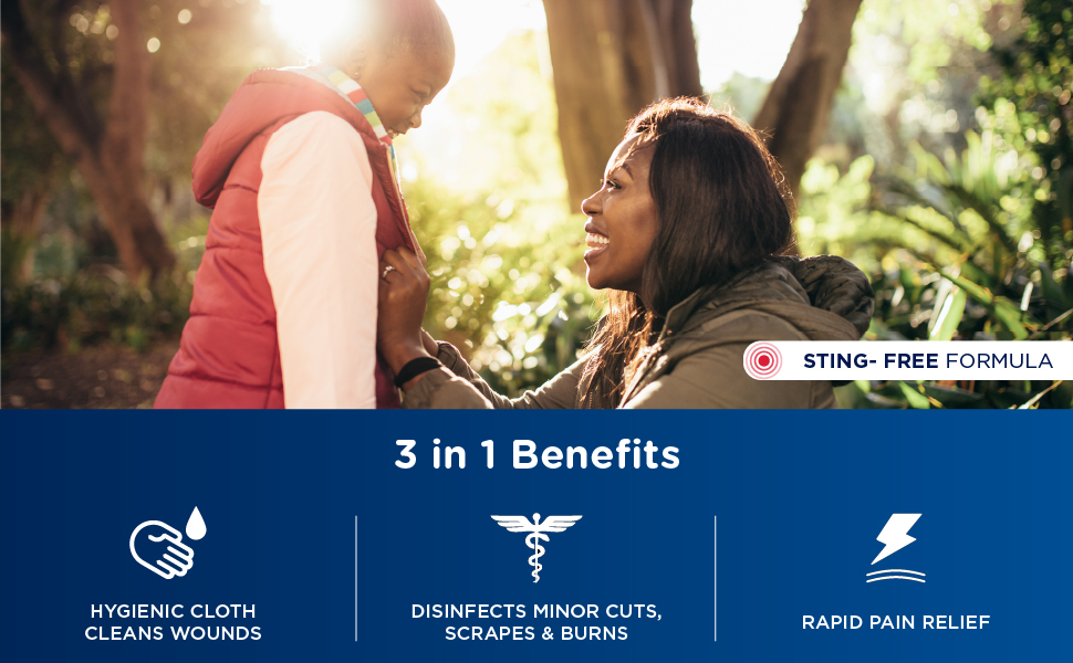 Dermoplast, 3 in 1 benefits, hygienic cloth cleans wounds, disinfects