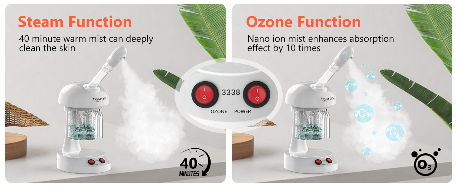 Ozone Facial Steamer - TASALON Face Steamer for Facial, Facial Steamer with Removable Water Cup,