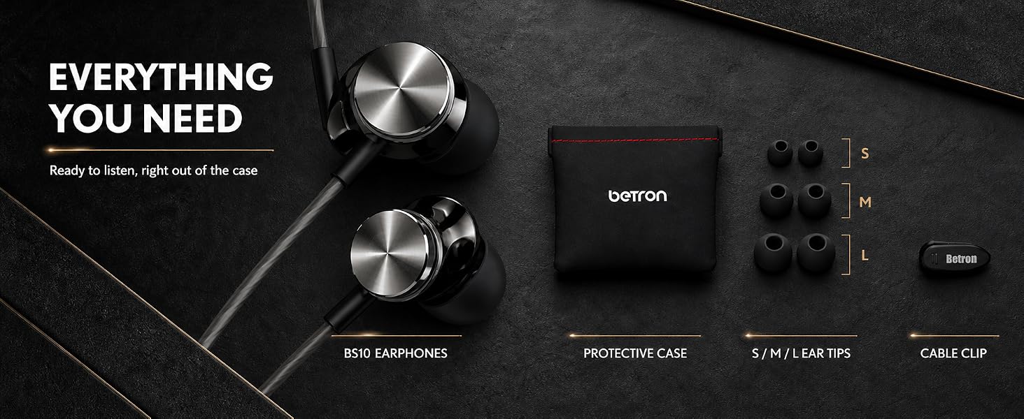 Betron BS10 earphones with included pouch, cable clip, and 3 sizes of silicone ear tips