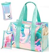 Bagstellar Iridescent Beach Bag, Jelly Tote Bag with Phone Pouch Makeup Bag | Large Beach Bags Wa...