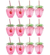DOITOOL 12 Pcs Strawberry Shaped Cups with Lids and Straws 4.72 Inch Strawberry Tumbler Party Cup...