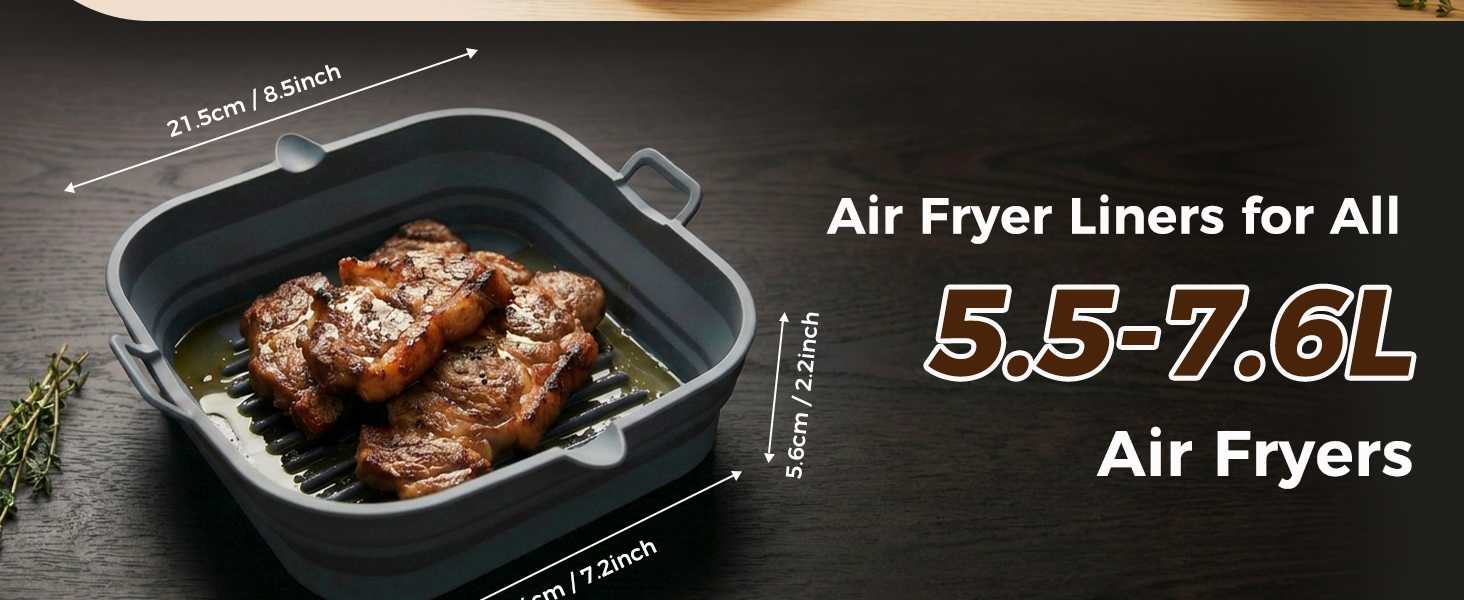 Text reads 'Air Fryer Liners for All 5.5-7.6L Air Fryers'. Dark square air fryer liner basket containing cooked meat, displayed on dark background with herbs.