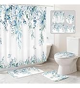 CedarShin 16 Pcs Blue Eucalyptus Shower Curtain Set with Rugs and Hooks,Premium 120gsm Shower Cur...