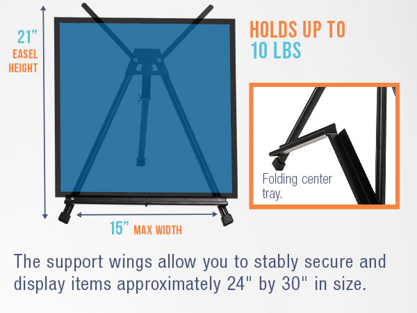 21-inch tabletop easel holds up to 10 lbs, fits 24x30 in items, with folding tray and support wings