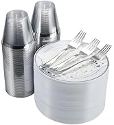Stylish Silver Plate, Disposable Cups, Forks and Cocktail Napkins (100 Set of Each) - 7.5 Inch Si...