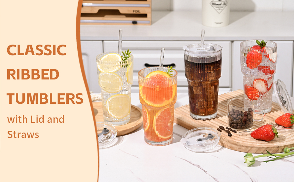 Glass Cups with Lids and Straws