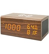 Everwood Wooden Electric Digital Alarm Clock with Qi Wireless Charging, Bluetooth Speaker Led Dis...