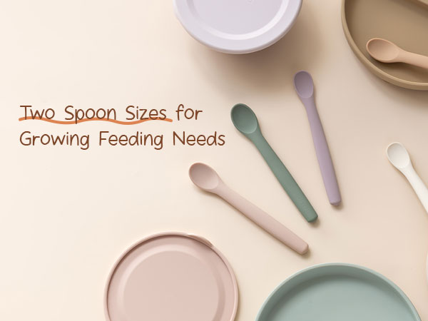 Text reads 'Two Spoon Sizes for Growing Feeding Needs'. Baby feeding spoons in different sizes displayed against neutral background with feeding demonstration.