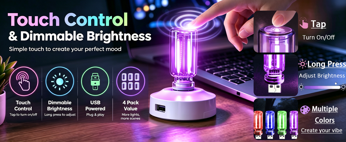 Touch control USB night light with dimmable brightness, mini LED ambient lighting