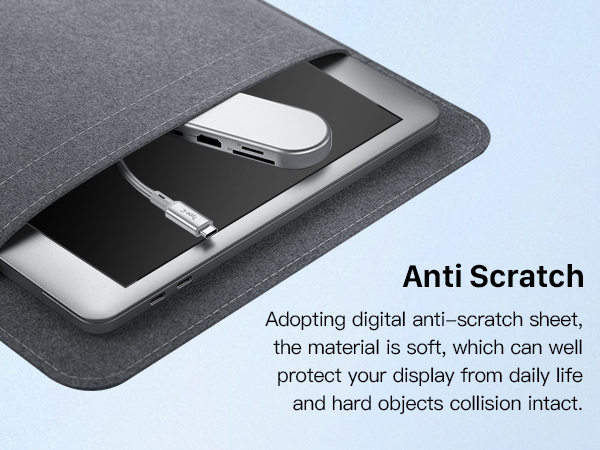 Text reads 'Anti Scratch' 'Adopting digital anti-scratch sheet, the material is soft, which can well protect your display from daily life and hard objects collision intact.' Product demonstration of protective screen features.