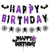 ANFEST Halloween Themed Birthday Banner, Black Glitter with Spider, Bats, Cake Topper Banner, Vio...