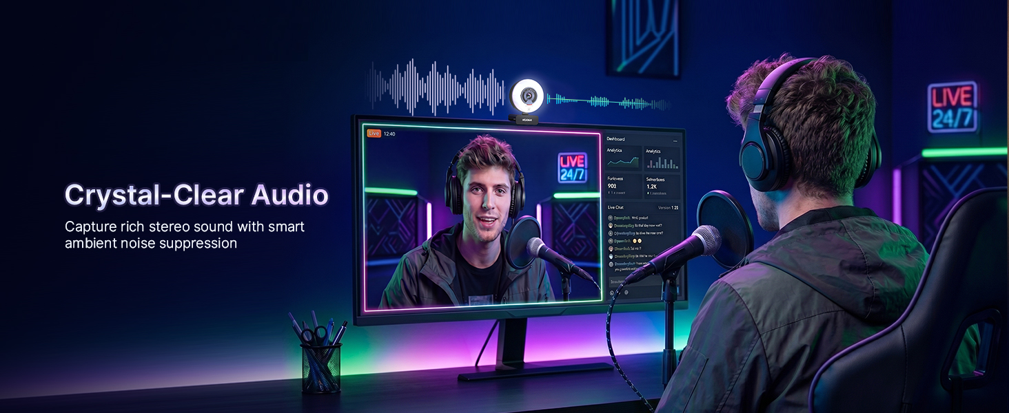 Streamer: High-quality live stream using dual noise-canceling mics.
