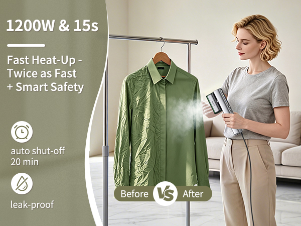 portable steamer for clothes travel, heats up in 15s, leak-proof, auto shut-off after 20 minutes