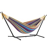 Vivere Double Cotton Hammock with Space Saving Steel Stand and Carry Bag in Tropical