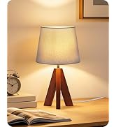 GOEBLESON Tripod Table Lamp, 14.6" Small Bedside Lamp with Gray Linen Shade & Dark Wood Base, Mod...