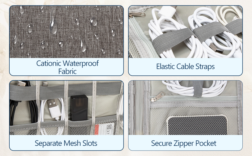 Cationic waterproof fabric elastic cable straps separate mesh slots and secure zipper pocket