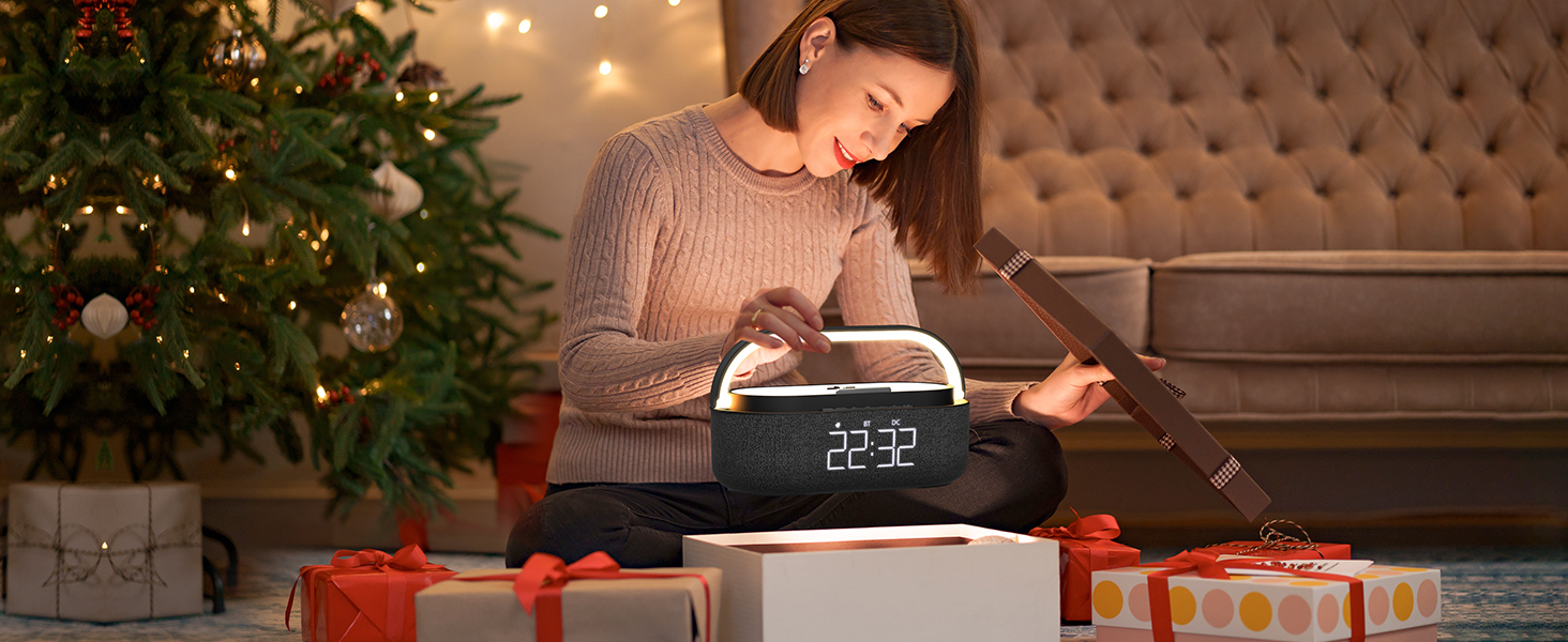 Digital Alarm Clock Radio Bluetooth Speaker Night Light 15W Wireless Charger Dual Wireless Speaker