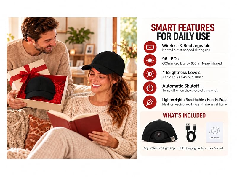 Woman wearing a red light cap, with features, liner-mounted controls, USB cable and manual shown.