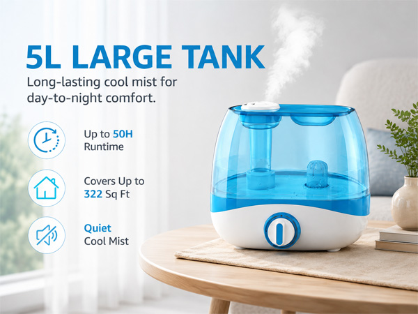 5L cool mist humidifier with long runtime and quiet operation on a table