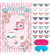 Hooqict Tea Party Games Pin The Tea Cup on The Saucer, Large Tea Party Decorations Poster with 24...