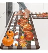 KIMODE Anti Fatigue Mats for Kitchen Floor 17"x47"+17"x29", Brown and White Plaid Kitchen Rugs Se...