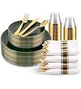KIRE 175PCS Green Plastic Plates with Gold Rim - Heavy Duty Green Plates Disposable Include 50 Ch...