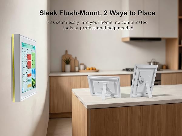 Side view of flush wall mount and desktop stand with hidden power cord
