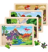 Wooden Puzzles Dinosaur Toys for Kids Ages 3-5, Set of 4 Packs Wood Jigsaw Puzzles, Preschool Edu...