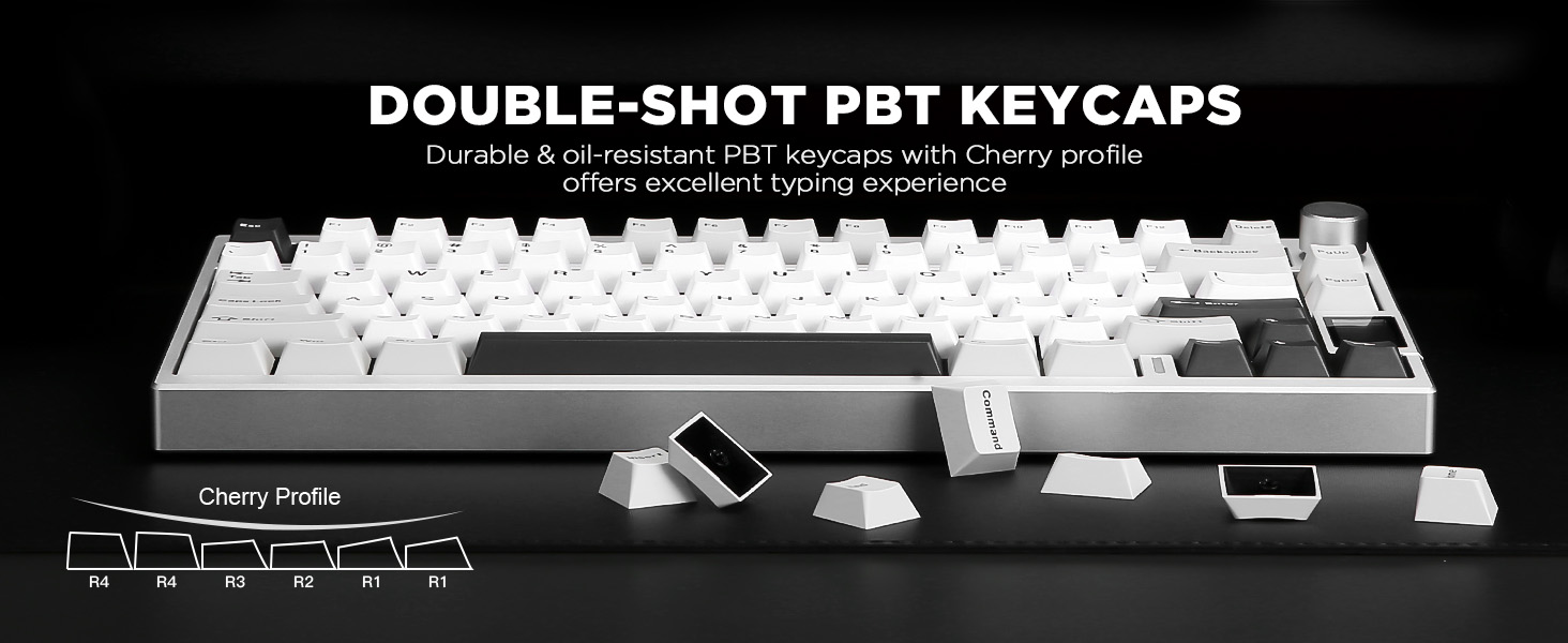 White keyboard with Double-Shot PBT keycaps. Features durable construction and Cherry profile. Several individual keycaps shown, highlighting texture and shape. Black spacebar contrasts with white keys.