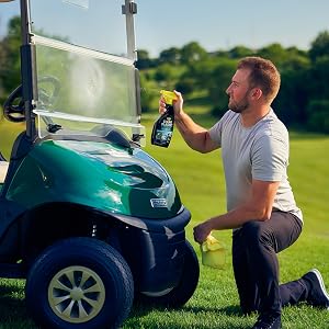 Invisible Glass Clear Plastic Cleaner being used to clean a golf cart windshield
