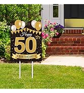 Large Happy 50th Birthday Party Yard Sign Black Gold 50 Birthday Yard Signs with Stakes and Outdo...