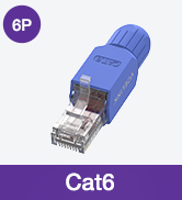 Text reads "Cat6". Blue Ethernet network cable connector shown on white background, RJ45 port visible.