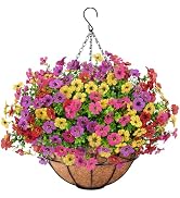 Roberly Artificial Hanging Flowers for Outdoors with Hanging Basket Fake Silk Flowers Plastic Fau...