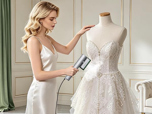fabric steamer clothes, woman steaming wedding gown, gentle on silk and lace, includes travel pouch