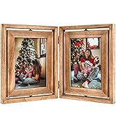 Emfogo 5x7 Picture Frame Rustic Wood Hinged Folding Double Photo Frame, Double Sided Display Rota...