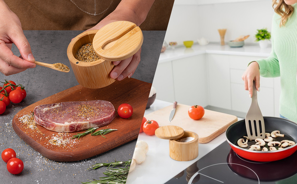 Salt Box Bamboo Salt Container with Swivel Lid with Magnetic to Easily Open