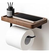 Rzoklot Toilet Paper Holder with Walnut Wood Shelf – Adhesive or Wall Mounted Bathroom Storage Or...