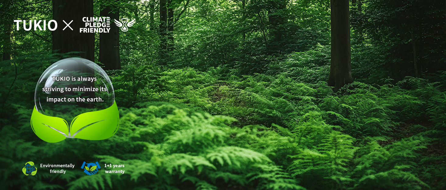Text reads 'tu'ko'. Marketing image showing dense green forest with ferns and trees, overlaid with a transparent spherical element in the foreground.