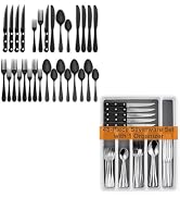 49 Piece Silverware Set with Organizer bundle with 24-Piece Black Silverware Set with Steak Knives